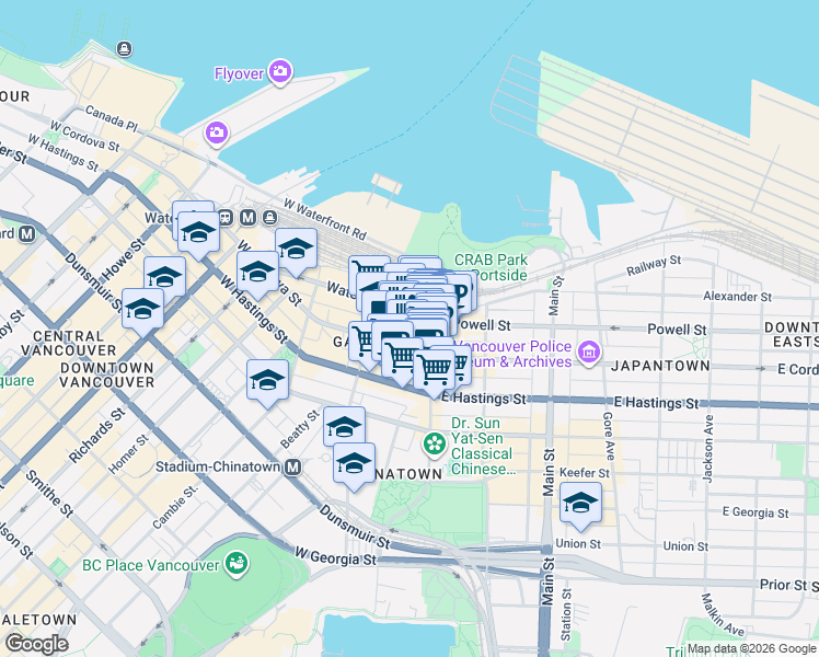 map of restaurants, bars, coffee shops, grocery stores, and more near 27 Blood Alley in Vancouver