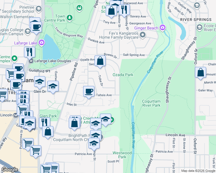 map of restaurants, bars, coffee shops, grocery stores, and more near 3199 Toba Drive in Coquitlam