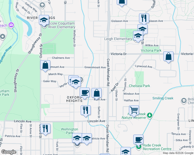 map of restaurants, bars, coffee shops, grocery stores, and more near 3949 Sefton Street in Port Coquitlam