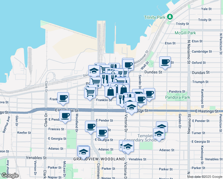 map of restaurants, bars, coffee shops, grocery stores, and more near 1817 Pandora Street in Vancouver
