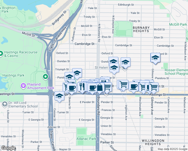 map of restaurants, bars, coffee shops, grocery stores, and more near 3679 Pandora Street in Vancouver