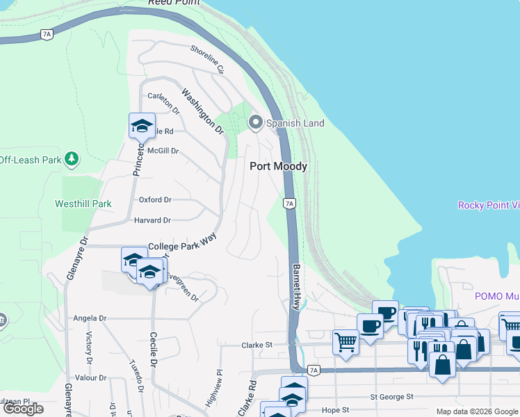 map of restaurants, bars, coffee shops, grocery stores, and more near 320 Cornell Way in Port Moody