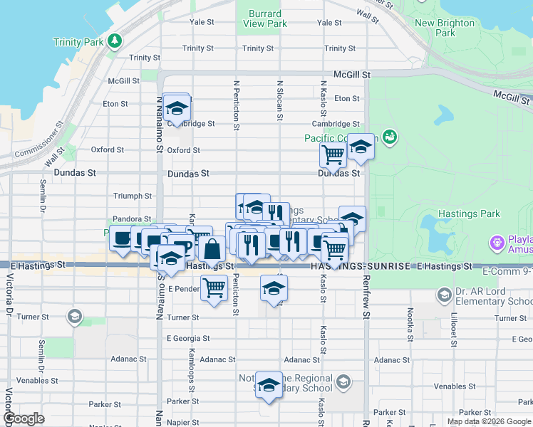 map of restaurants, bars, coffee shops, grocery stores, and more near 2673 Pandora Street in Vancouver