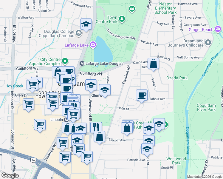 map of restaurants, bars, coffee shops, grocery stores, and more near 1189 Eastwood Street in Coquitlam