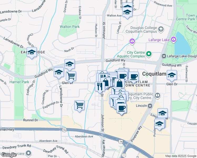map of restaurants, bars, coffee shops, grocery stores, and more near 1175 Johnson Street in Coquitlam