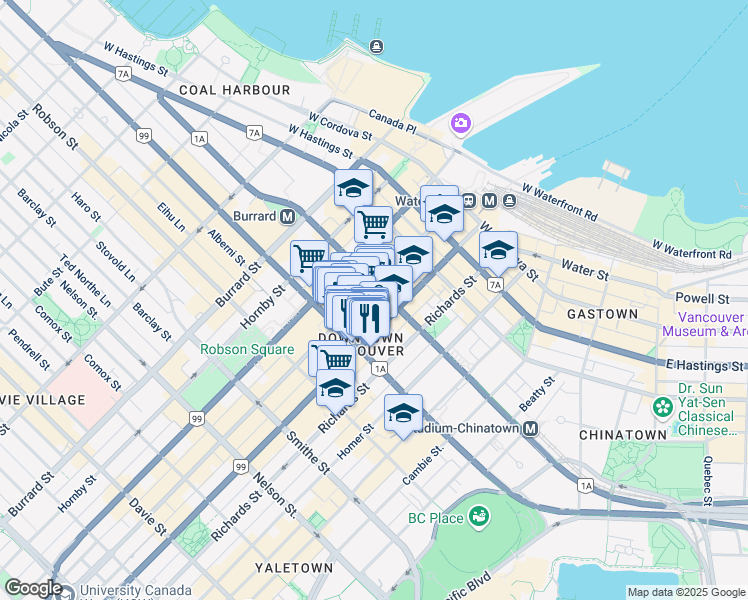map of restaurants, bars, coffee shops, grocery stores, and more near in Vancouver