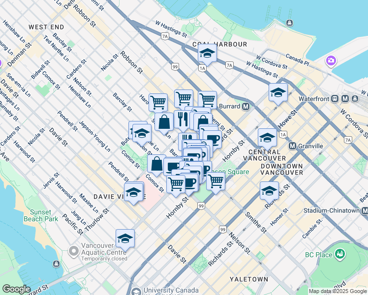 map of restaurants, bars, coffee shops, grocery stores, and more near in Vancouver