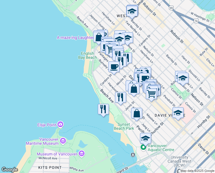 map of restaurants, bars, coffee shops, grocery stores, and more near in Vancouver