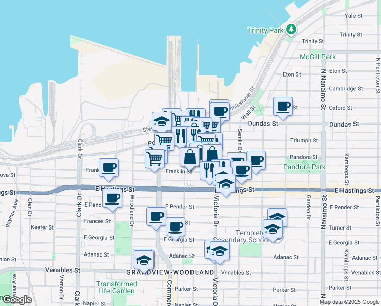 map of restaurants, bars, coffee shops, grocery stores, and more near 1817 Pandora Street in Vancouver