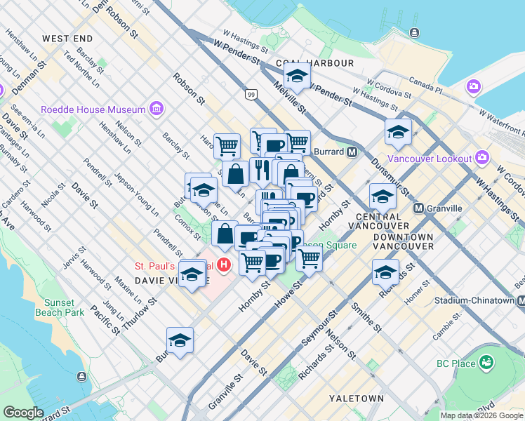 map of restaurants, bars, coffee shops, grocery stores, and more near 1050 Smithe Street in Vancouver