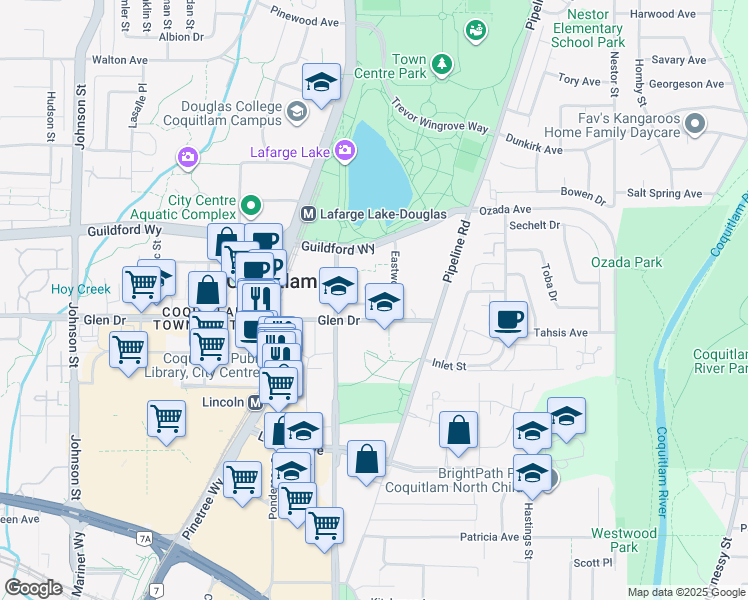 map of restaurants, bars, coffee shops, grocery stores, and more near 3085 Primrose Lane in Coquitlam