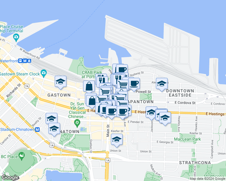 map of restaurants, bars, coffee shops, grocery stores, and more near 209 Powell Street in Vancouver