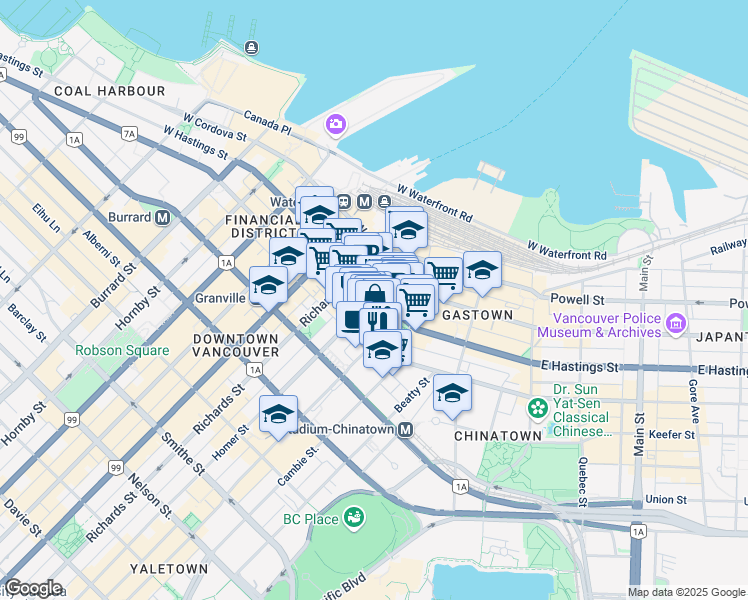 map of restaurants, bars, coffee shops, grocery stores, and more near 402 Homer Street in Vancouver