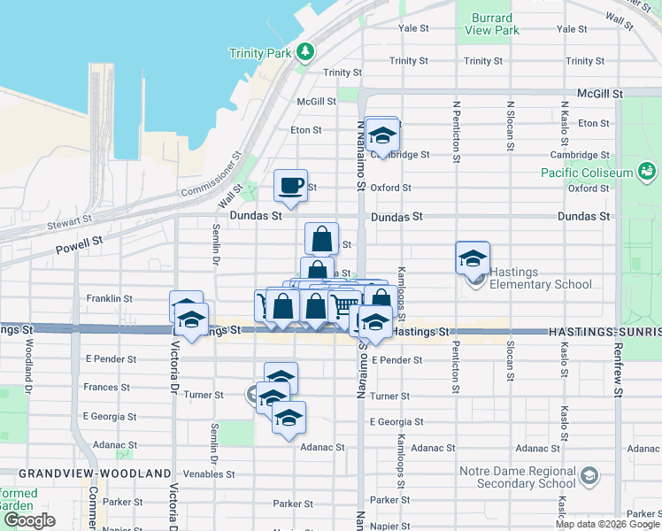 map of restaurants, bars, coffee shops, grocery stores, and more near 2295 Pandora Street in Vancouver