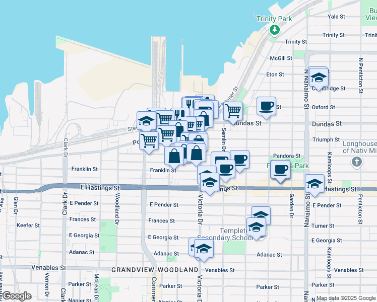 map of restaurants, bars, coffee shops, grocery stores, and more near in Vancouver