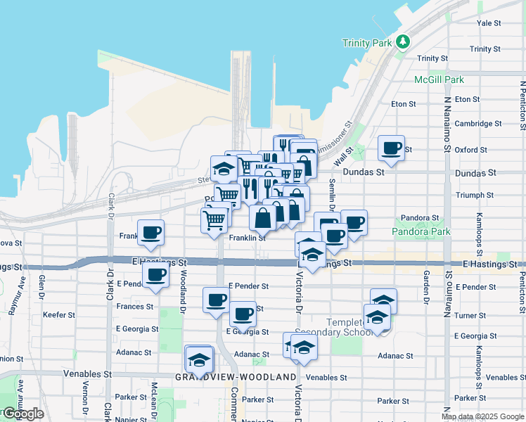 map of restaurants, bars, coffee shops, grocery stores, and more near in Vancouver