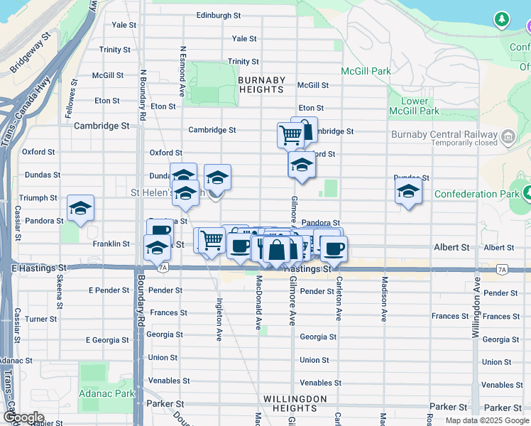 map of restaurants, bars, coffee shops, grocery stores, and more near 186 Macdonald Avenue in Burnaby