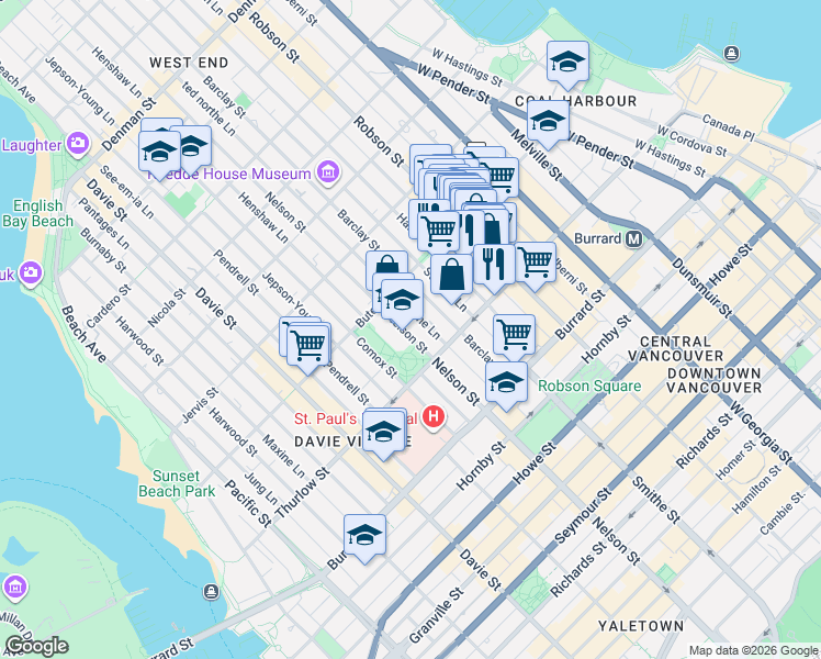 map of restaurants, bars, coffee shops, grocery stores, and more near 1147 Nelson Street in Vancouver
