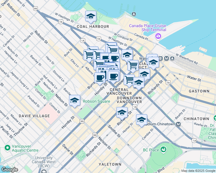 map of restaurants, bars, coffee shops, grocery stores, and more near 722 Hornby Street in Vancouver