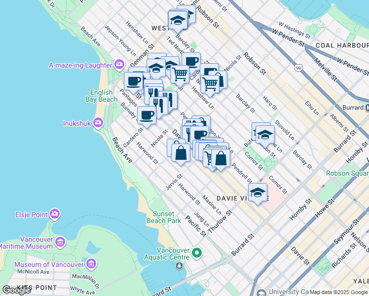 map of restaurants, bars, coffee shops, grocery stores, and more near 1370 Davie Street in Vancouver