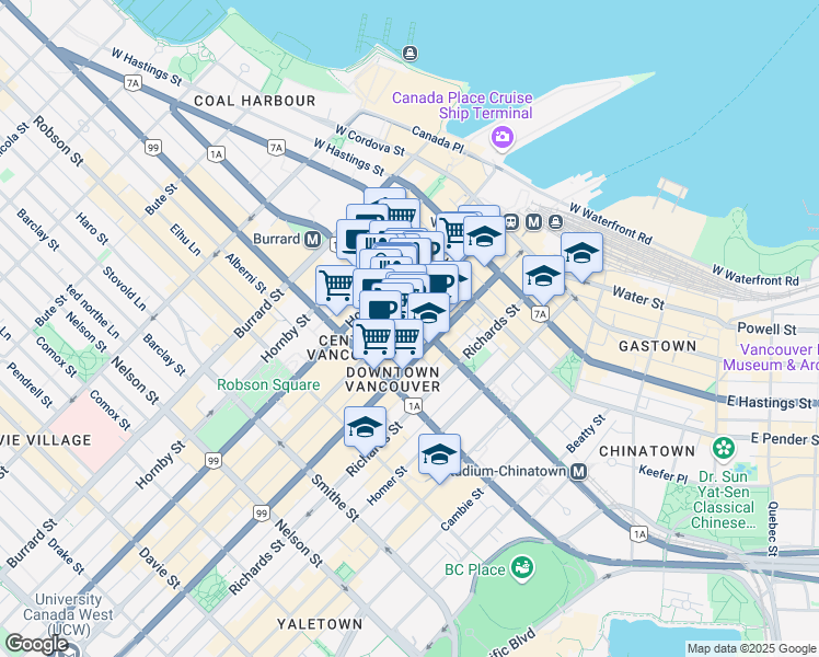 map of restaurants, bars, coffee shops, grocery stores, and more near 1002 Granville Street in Vancouver