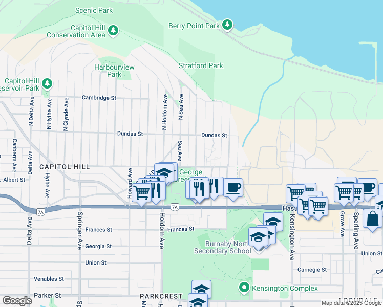 map of restaurants, bars, coffee shops, grocery stores, and more near 89 Warwick Avenue in Burnaby