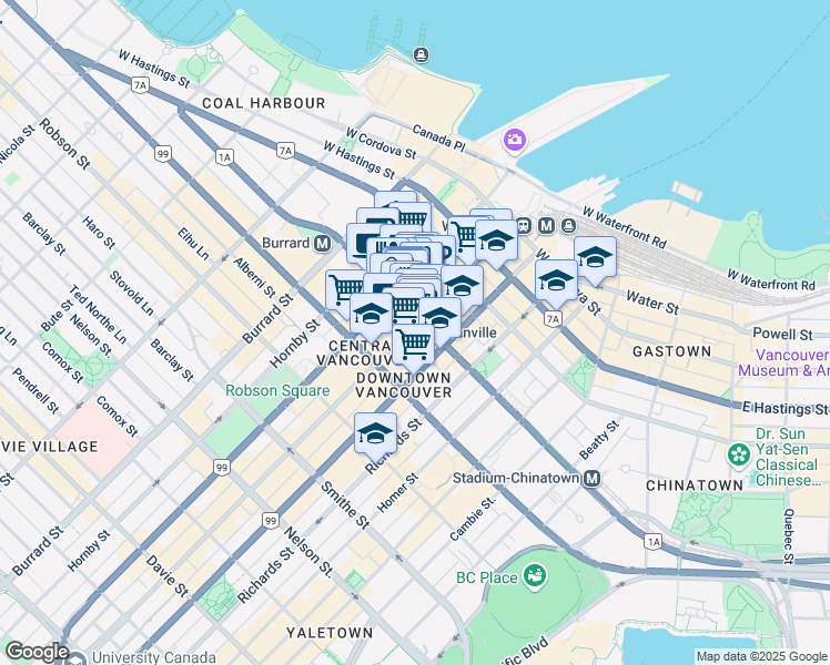 map of restaurants, bars, coffee shops, grocery stores, and more near 612 Granville Street in Vancouver