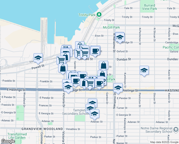map of restaurants, bars, coffee shops, grocery stores, and more near in Vancouver