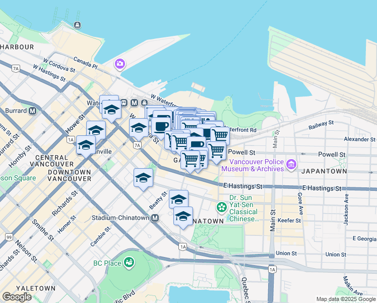 map of restaurants, bars, coffee shops, grocery stores, and more near in Vancouver
