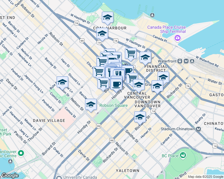 map of restaurants, bars, coffee shops, grocery stores, and more near in Vancouver