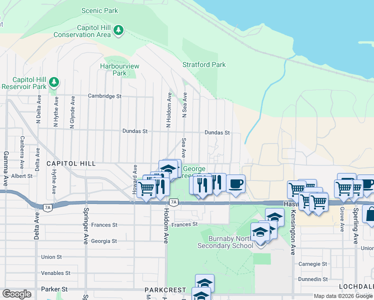 map of restaurants, bars, coffee shops, grocery stores, and more near 100 Sea Avenue in Burnaby