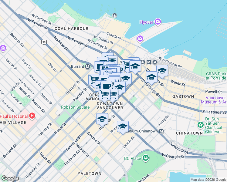 map of restaurants, bars, coffee shops, grocery stores, and more near 610 Granville Street in Vancouver