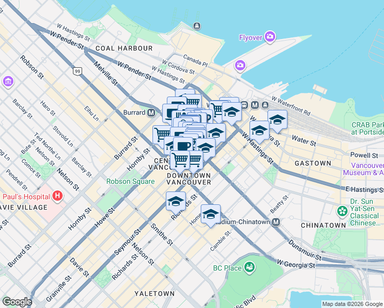 map of restaurants, bars, coffee shops, grocery stores, and more near 610 Granville Street in Vancouver