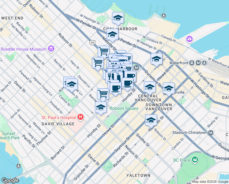 map of restaurants, bars, coffee shops, grocery stores, and more near in Vancouver