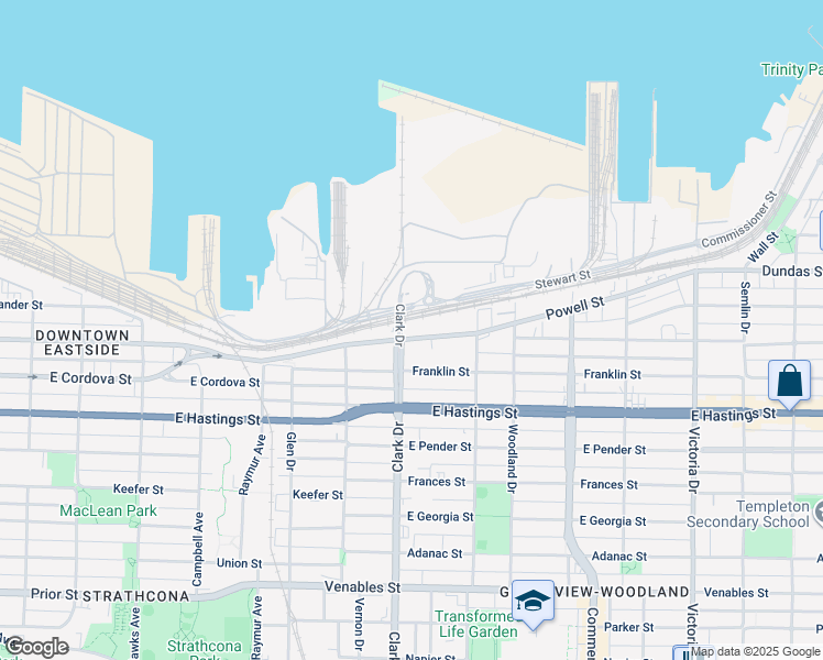 map of restaurants, bars, coffee shops, grocery stores, and more near 1357 Powell Street in Vancouver