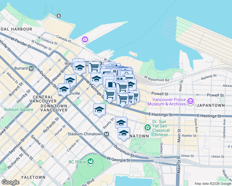 map of restaurants, bars, coffee shops, grocery stores, and more near 151 West Cordova Street in Vancouver