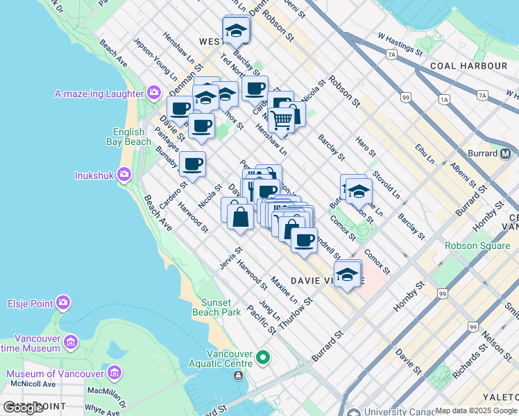 map of restaurants, bars, coffee shops, grocery stores, and more near 1365 Davie Street in Vancouver