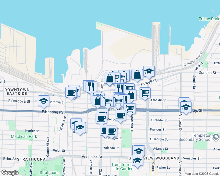 map of restaurants, bars, coffee shops, grocery stores, and more near 1357 Powell Street in Vancouver