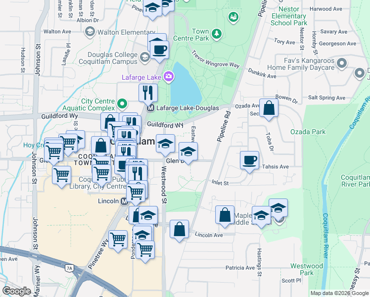 map of restaurants, bars, coffee shops, grocery stores, and more near 3085 Primrose Lane in Coquitlam