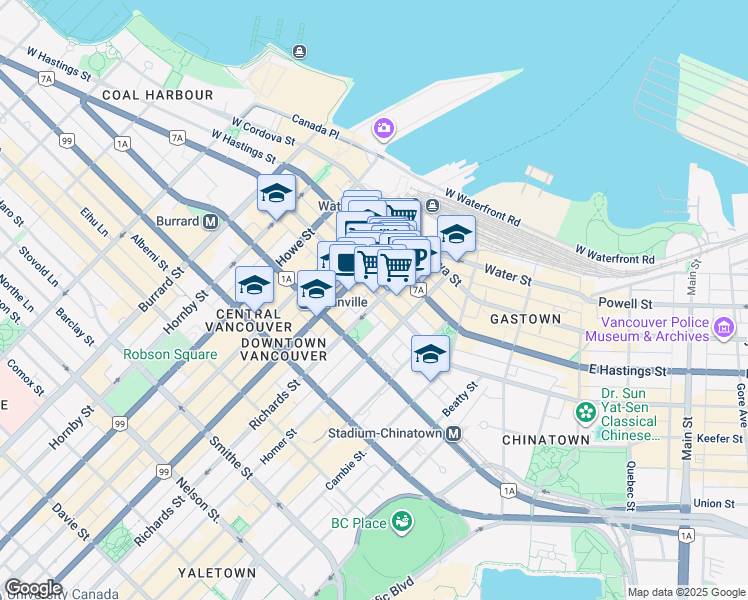 map of restaurants, bars, coffee shops, grocery stores, and more near 504 West Pender Street in Vancouver