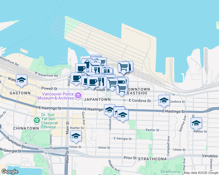 map of restaurants, bars, coffee shops, grocery stores, and more near in Vancouver