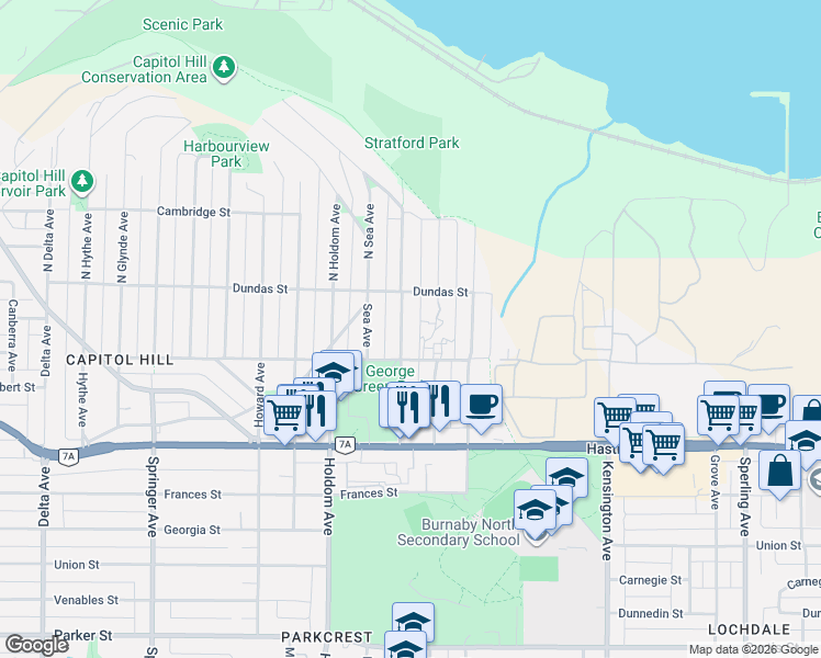 map of restaurants, bars, coffee shops, grocery stores, and more near 56 Warwick Avenue in Burnaby