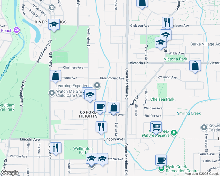 map of restaurants, bars, coffee shops, grocery stores, and more near 3960 Robin Place in Port Coquitlam