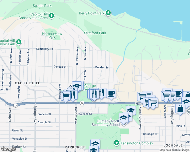 map of restaurants, bars, coffee shops, grocery stores, and more near 56 Warwick Avenue in Burnaby