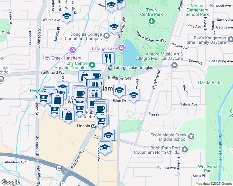 map of restaurants, bars, coffee shops, grocery stores, and more near 1188 Westwood Street in Coquitlam