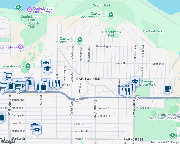 map of restaurants, bars, coffee shops, grocery stores, and more near 110 Glynde Avenue in Burnaby