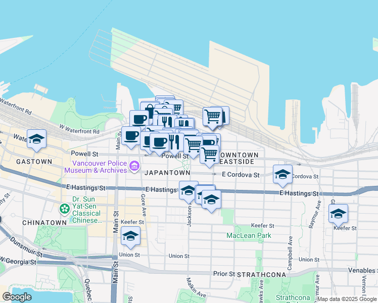 map of restaurants, bars, coffee shops, grocery stores, and more near 145 Jackson Avenue in Vancouver