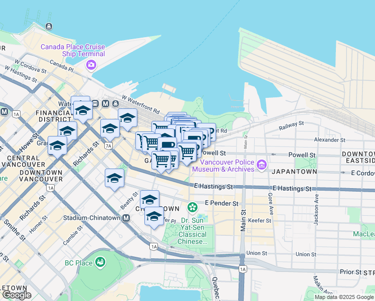 map of restaurants, bars, coffee shops, grocery stores, and more near 50 Water Street in Vancouver