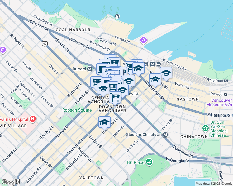 map of restaurants, bars, coffee shops, grocery stores, and more near 610 Granville Street in Vancouver