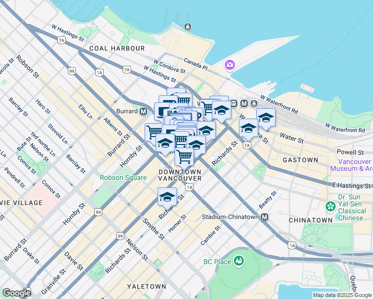 map of restaurants, bars, coffee shops, grocery stores, and more near 606-610 Granville Street in Vancouver